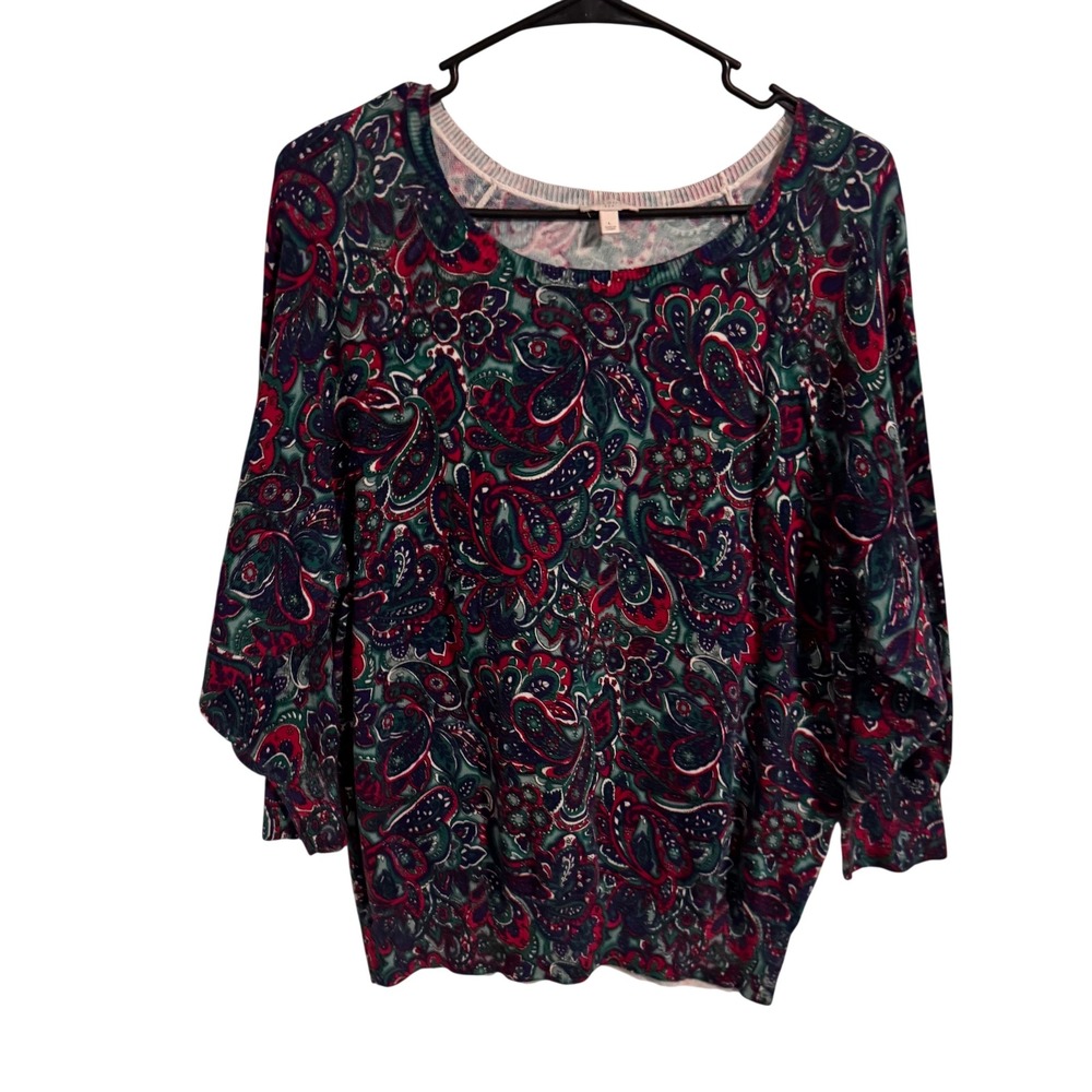 Talbots Womens Large Paisley Knit Top Teal Burgundy Scoop Neck Dolman Sleeve